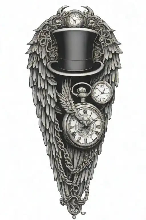 Tattoo Steampunk Pocket Watch Angel Wings With A Top Hat And A Falling Chain