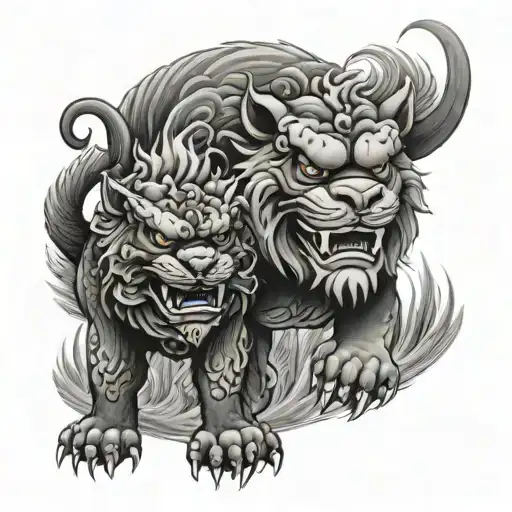 Foo Dogs Standing Guard With Cub Bamboo And Water