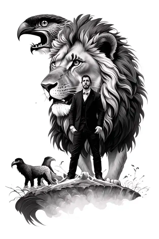 Lion With One Eagle Eye And One Human Eye With A Man Standing In It
