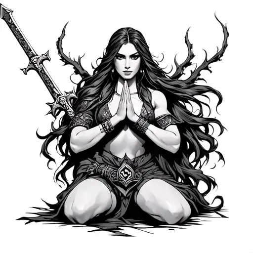 Warrior Woman Holding A Sword Kneeling In Prayer