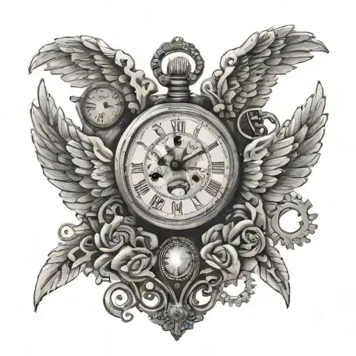 Upper Calf Tattoo Steampunk Pocket Watch Angel Wings With A Chain That Goes Around The Ankle