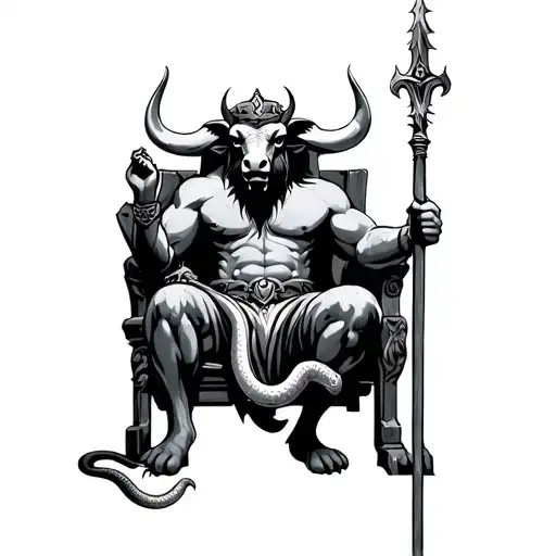 Demon Bull King Sitting On A Throne Holding A Snake Spear