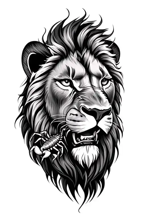 Lion Head With A Small Heterometrus Scorpion Crawling Around The Face