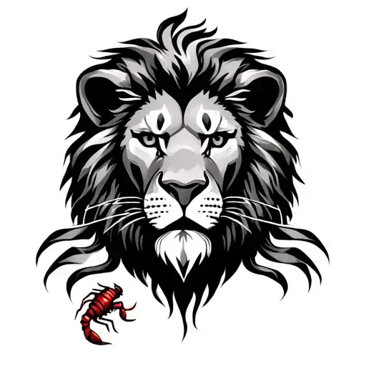 Lion Head With A Small Red Heterometrus Scorpion Crawling Around The Face