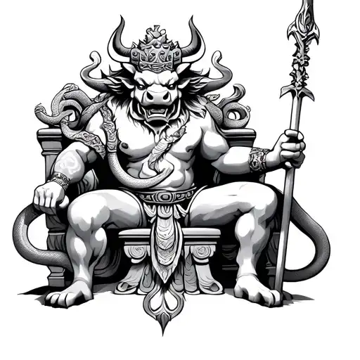 Chinese Demon Bull King Sitting On A Throne Holding A Spear With A Snake Wrapped Around It
