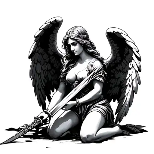 Kneeling Female Angel With Sword Statue