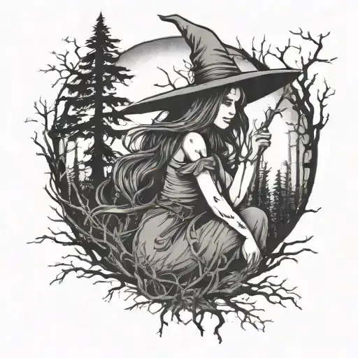 Witch In The Woods With Moon Backround Forest