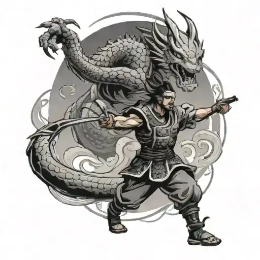A Black And Grey Samurai Warrior Playing Basketball With A Dragon In The Background