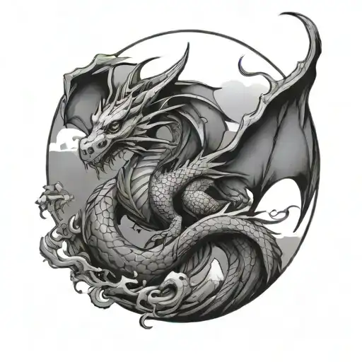 Dragon Wrapped Around A Mountian In Front Of A Crescent Moon