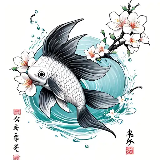 Koi Fish With Cherry Blossoms And Soft Water Effects