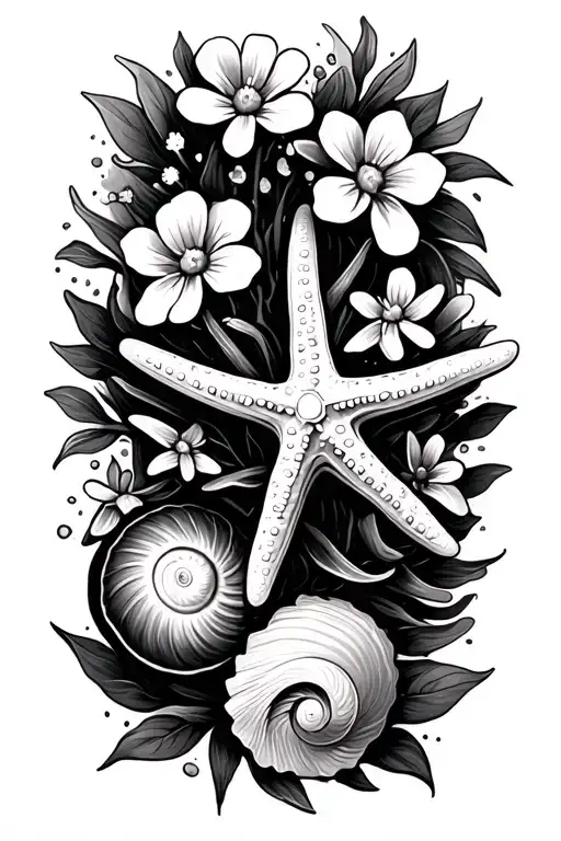 Starfish And Shells With Small Flowers Intertwined