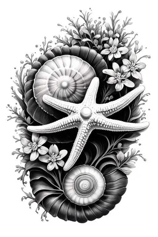 Central Starfish And Koru Shaped Shell With Small Flowers