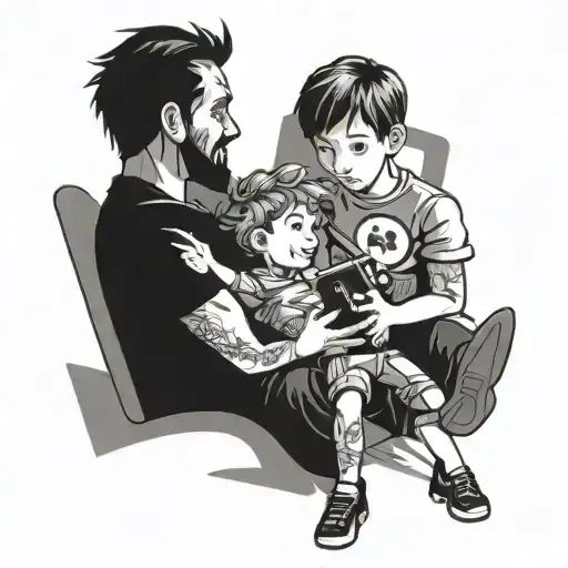 A Gaming-inspired Tattoo Featuring A Father And Son Bonding Over A Virtual World
