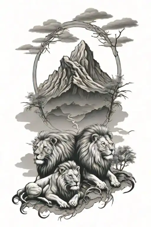 A Family Of Lions Rocking Out To Hard Rock Music In A Mountain Setting