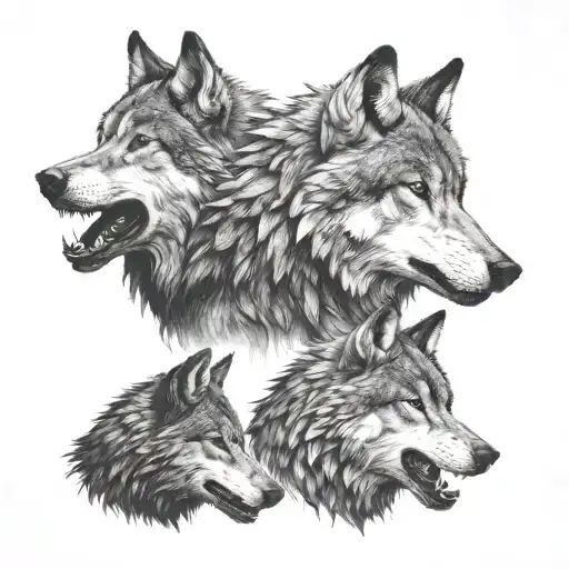 Calm Wolf Profile On Right With Crow Profile In Middle And Snarling Wolf Profile On Left