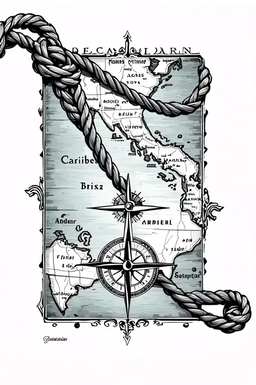 Arm Tattoo Of Compass And Nautical Rope Over A Map Of The Caribbean Labeled With The Countries