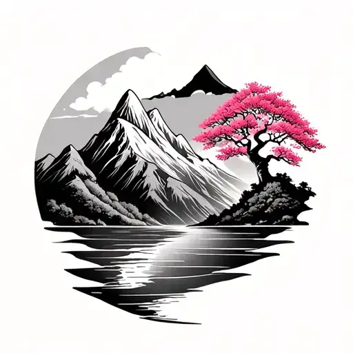 Sleeve Tattoo Of Two Mountains With Water Between Them And A Cherry Tree On The Mountain