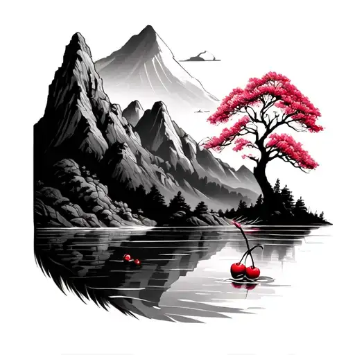 Sleeve Tattoo Of Two Mountains With Water Between Them And A Cherry Tree On The Mountain