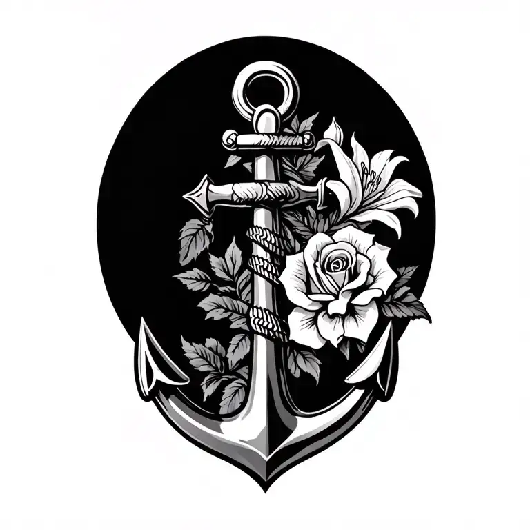 Anchor With Roses And Lilies Underneath
