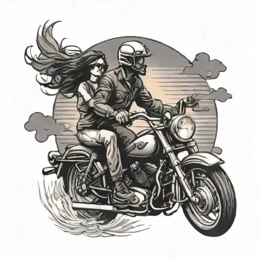 A Romantic Scene Of A Couple On A Motorcycle Riding Into The Sunset