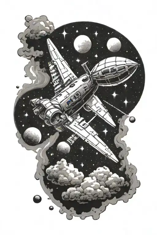 A Space-themed Tattoo Featuring A Spaceship Flying Towards A Sunrise On Another Planet