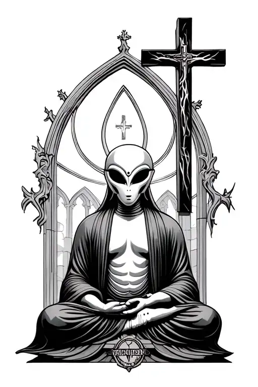 Alien Buddah Sitting Infront Of A Christian Cross Inside Of A Cathedral