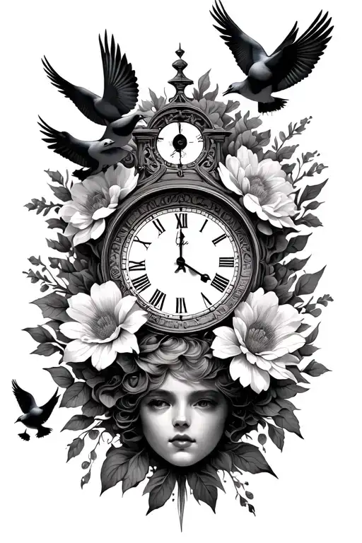 Flower Head With Clock Above And Doves Surrounding