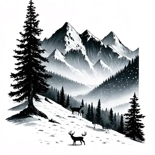 Forrest With Mountains And Deer