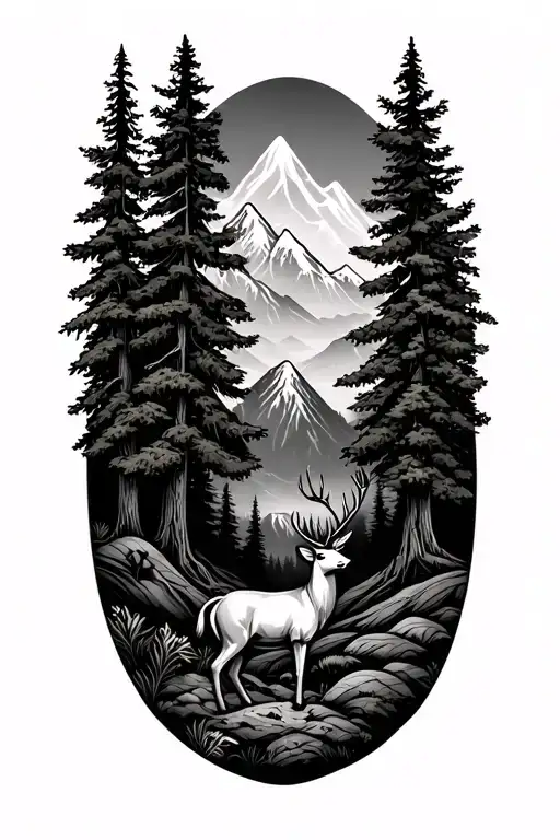 Forrest With Mountains And Deer