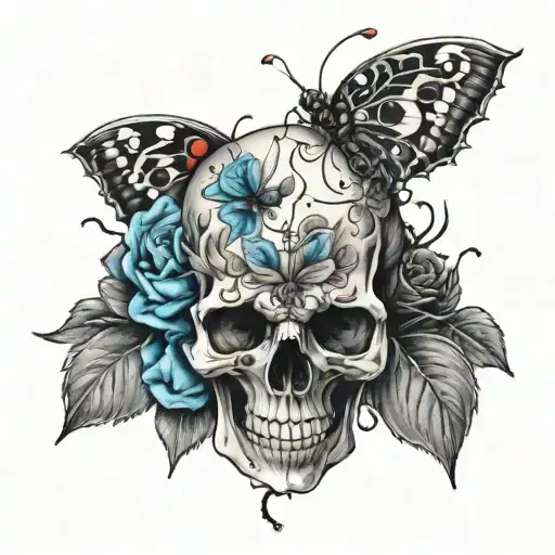 An Intricate Tattoo Featuring A Skull Surrounded By Ladybugs And Blue Roses