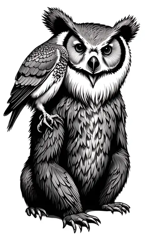 Bear With An Owl Perched On Its Shoulder