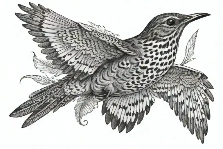 Detailed Portrait Of A Wood Thrush In Flight With Intricate Feather Patterns