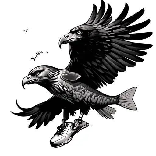 Hawk Carrying Fish From Mouth And Wrestling Shoes From Talons