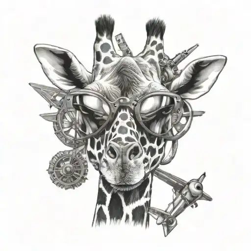A Black And Grey Portrait Of A Giraffe With Airplane Propellers For Horns