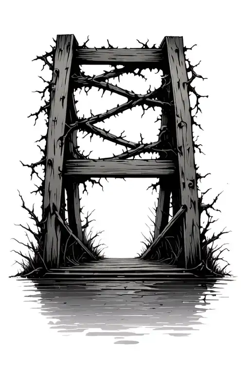 Old Wooden Decrepit Bridge Broken Vines Thorns Growing Over Breaking Snapped Rotten