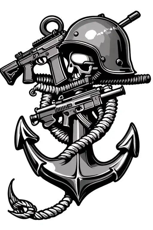 Naval Anchor With A Us Military Helmet Resting On Top With An M16a3 Resting On The Anchor