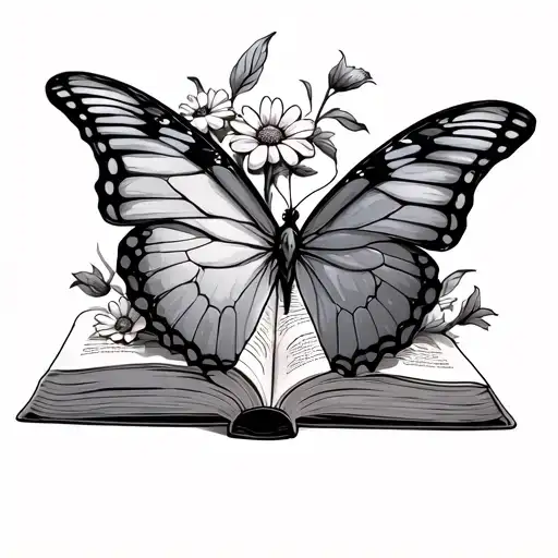 Half Butterfly And Half Flowers Growing Out Of An Book