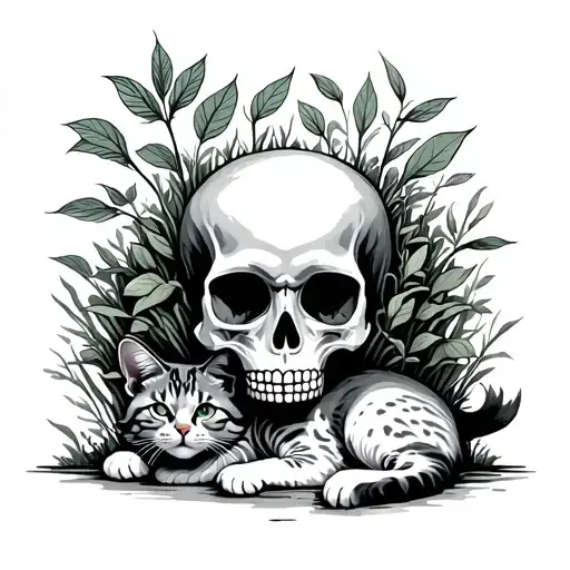 Skull With Plants Growing Out Of It With Cat Laying Down