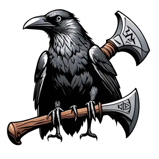 Crow Holding An Axe And Hammer Ingraved With Runes