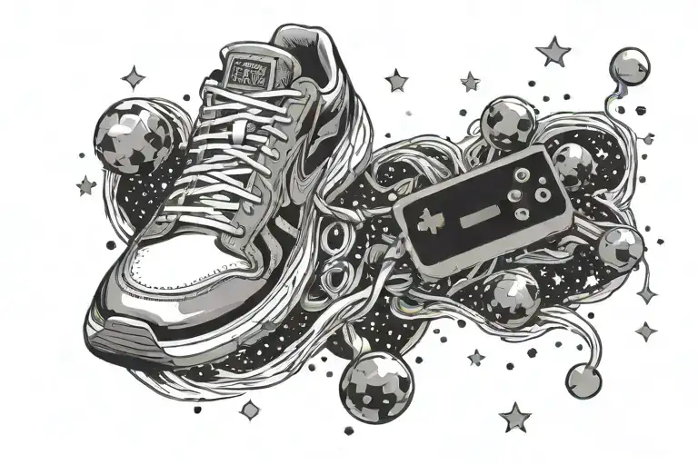 A Running Shoes Filled With Basketballs And Video Games Controller Floating In A Galaxy Of Stars
