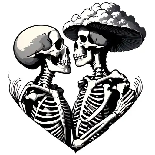 2 Skeletons Kissing Infront Of A Mushroom Cloud