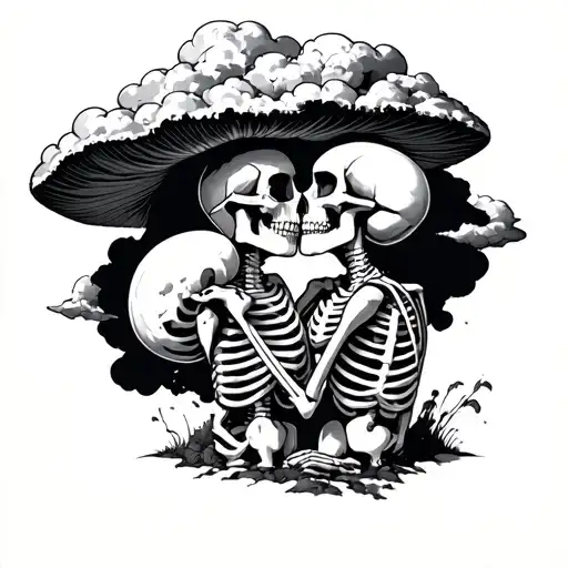 2 Skeletons Kissing Infront Of A Mushroom Cloud