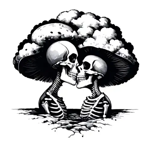 2 Skeletons Kissing Infront Of A Mushroom Cloud