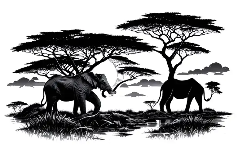 African Safari Landscape With Sun Setting