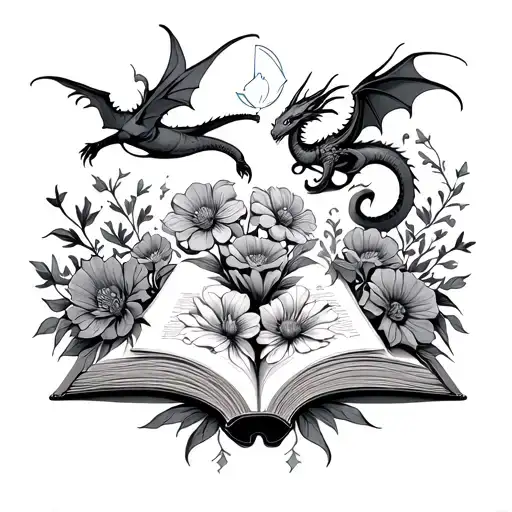 Simple Book With Flowers And Magic And Dragons Flying