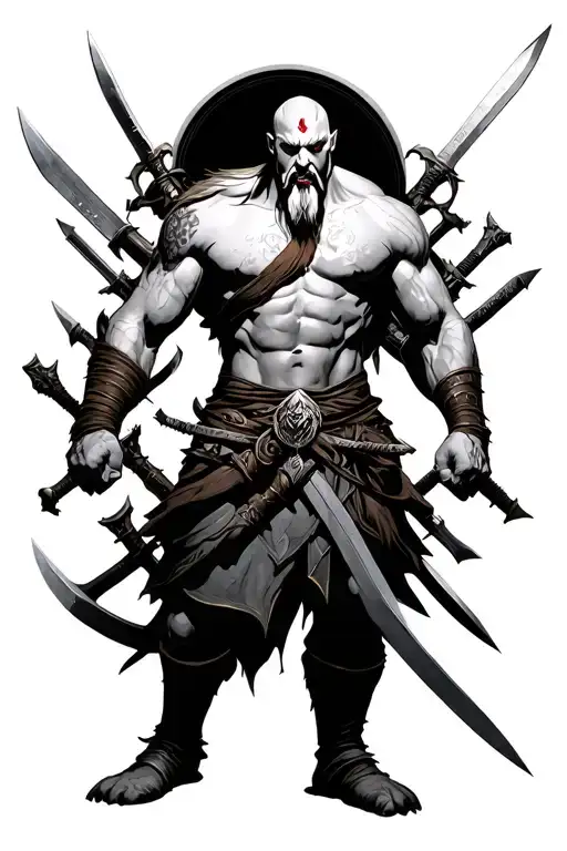 God Of War Kratos With Blades Extended With Multiple Weapons Around