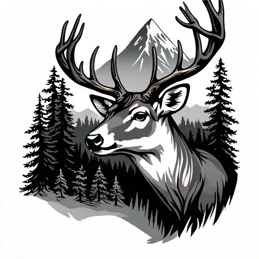 Deer Head Outline With Realistic Pine Trees And Mountain Inside