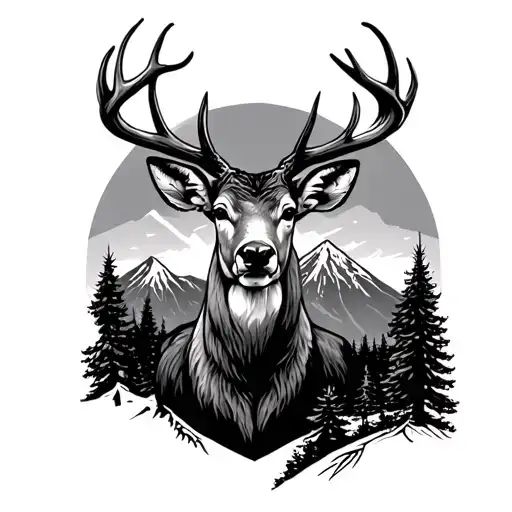 Realistic Deer Head Outline With Realistic Pine Trees And Mountain Inside