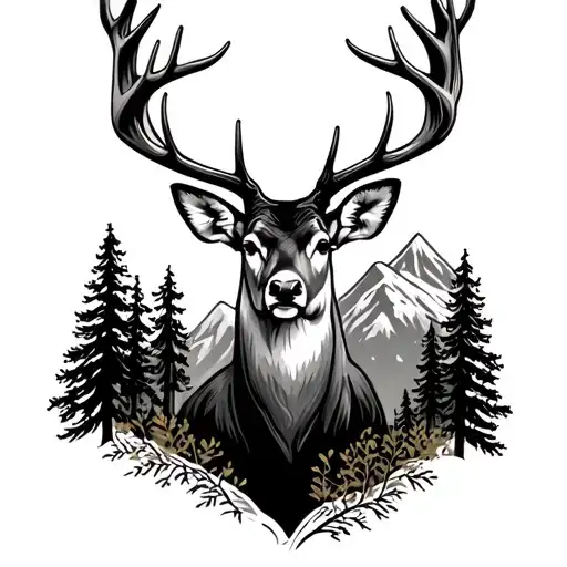 Realistic Deer Head Outline With Realistic Pine Trees And Mountain Inside