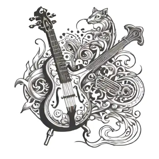 A Tattoo Design Combining Musical Instruments With Animal Silhouettes In A Black-grey Color Scheme
